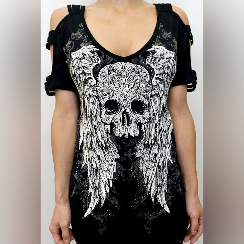 Platinum Plush Watching Over Me Skull Cold Shoulder Top